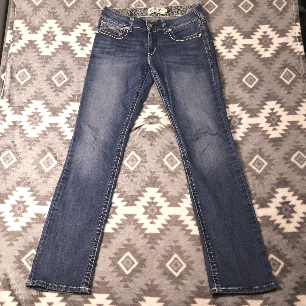 Ariat REAL Mid Rise Straight Leg Jeans Medium Wash 30L 30x33" Paisley Waistband
